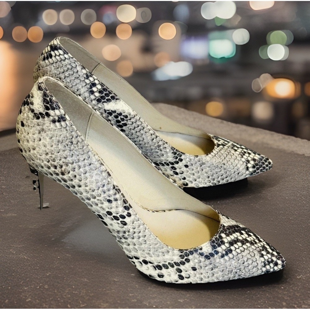 KMB Shoes 6.5 Gray Snake Print Leather Pointed Stiletto Pumps Office Siren